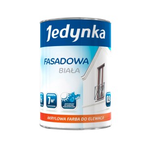 Puszka farby fasadowej Jedynka biała, akrylowa farba do ścian zewnętrznych.
