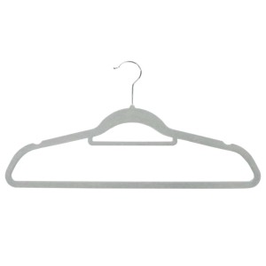 Szary wieszak na ubrania z aksamitu z metalowym haczykiem.