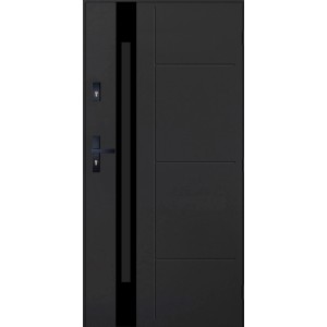Nowoczesne, czarne drzwi zewnętrzne o liniowym wzorze z klamką.