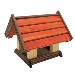 Drewniany karmnik dla ptaków z czerwonym dachem do ogrodu.