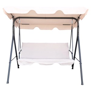 Beżowa huśtawka ogrodowa z daszkiem i poduszkami na siedzisko.