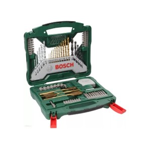 Zestaw wierteł Bosch w otwartym zielonym pudełku z różnymi wiertłami i bitami.