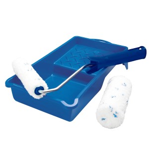 Zestaw wałków do lazur LUX, 4-częściowy: kuweta na farbę, uchwyt i 2 wałki z mikrofibry do lazur cienkowarstwowych.