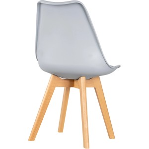 Szare krzesło t.b.t. z drewnianymi nogami, widok z tyłu. Nowoczesne krzesło tapicerowane.