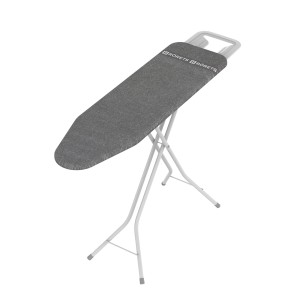 Szara deska do prasowania t.b.t. z białym stelażem. Kompaktowa konstrukcja ułatwia prasowanie.
