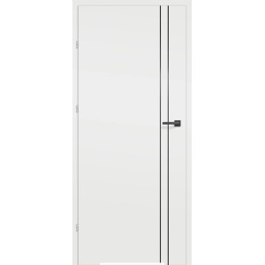 Białe drzwi wewnętrzne t.b.t. z czarną klamką i pionowymi liniami dekoracyjnymi.