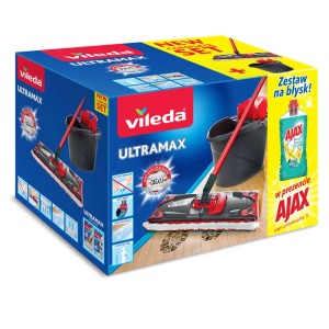 Zestaw do czyszczenia Vileda Ultramax z mopem, wiadrem i płynem Ajax w opakowaniu produktu.