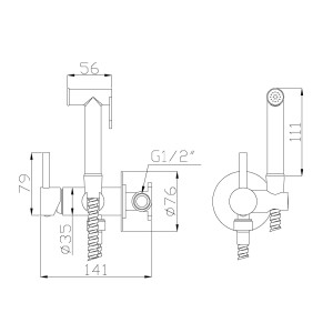 Rysunek techniczny baterii bidetowej z wymiarami.