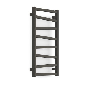 Szary grzejnik t.b.t. z poziomymi rurami grzewczymi do łazienki.