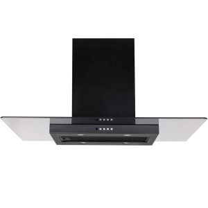 Czarny okap wyspowy z szklaną półką do kuchni.