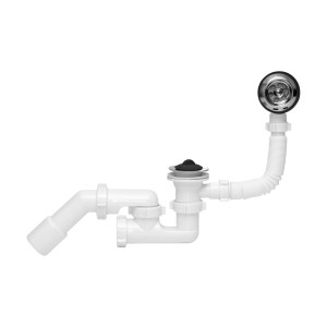 Syfon do odpływu wannowego t.b.t., biała rura z tworzywa sztucznego z chromowanym odpływem.