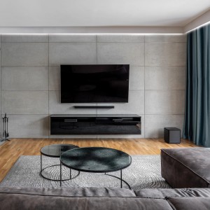 Salon z ścianą z szarych płyt kartonowo-gipsowych, TV i kanapą.