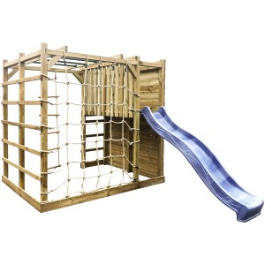 Wieża do zabawy Cubic Sigma z drewna sosnowego FSC® ze zjeżdżalnią, ścianką wspinaczkową i ścianką linową.