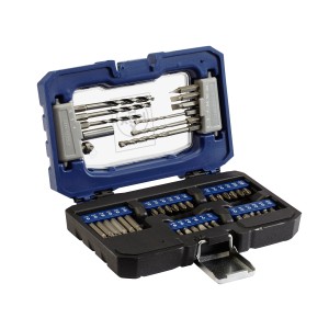 Zestaw wierteł i bitów LUX, 42 elementy, w otwartym plastikowym pudełku z wiertłami, bitami i uchwytem.