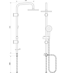 Rysunek techniczny kolumny prysznicowej t.b.t. z wymiarami.