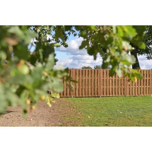 Drewniany płot t.b.t. w ogrodzie, naturalny wygląd drewna. Idealny jako ochrona prywatności.