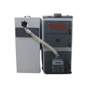 Piec na pellet t.b.t., szary design z rurą przyłączeniową.