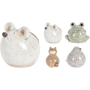 Dekoracyjne figurki ogrodowe: Mysz, żaba, kot i ptak z ceramiki.
