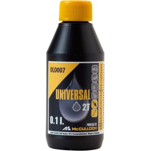Butelka oleju McCulloch 2-Takt, 0,1 l, do pił łańcuchowych i innych silników 2-suwowych.
