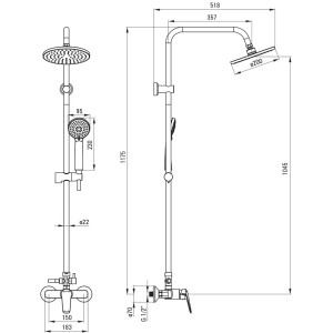 Rysunek techniczny kolumny prysznicowej t.b.t. z wymiarami.