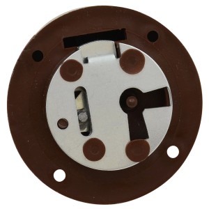 Zbliżenie okrągłego zamka do drzwi (t.b.t.) z brązową obudową i srebrnym mechanizmem.