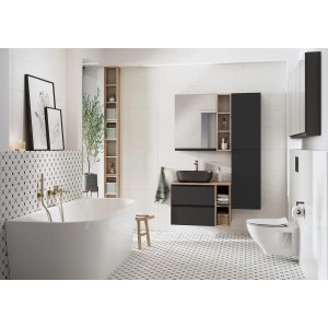 Nowoczesna łazienka z czarną szafką umywalkową, wanną i WC. Zestaw mebli t.b.t.