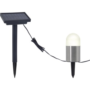 Solarna lampa ogrodowa z kolcem do ziemi i panelem słonecznym do użytku na zewnątrz.