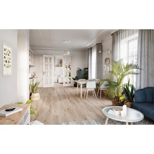 Jasny salon z zamontowanymi panelami winylowymi. Przytulna atmosfera.