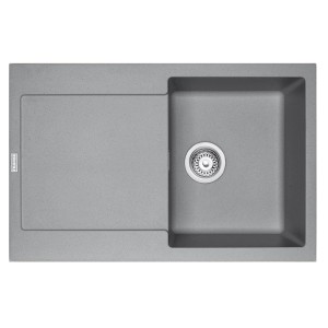 Szary zlewozmywak granitowy t.b.t. z ociekaczem i komorą.