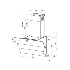 Rysunek techniczny okapu ściennego t.b.t. z wymiarami.
