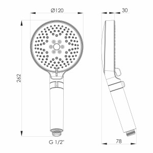 Rysunek techniczny: Słuchawka prysznicowa t.b.t. z wymiarami (wysokość 262 mm, średnica 120 mm).