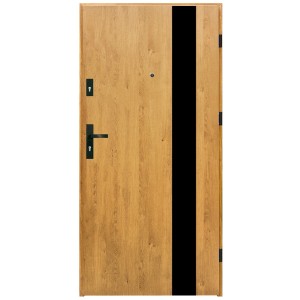 Nowoczesne drzwi zewnętrzne z efektem drewna i czarnym paskiem dekoracyjnym.