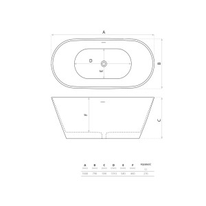 Rysunek techniczny wanny wolnostojącej t.b.t. z wymiarami.