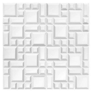 Biała mozaika t.b.t. z kwadratowymi i prostokątnymi kształtami.