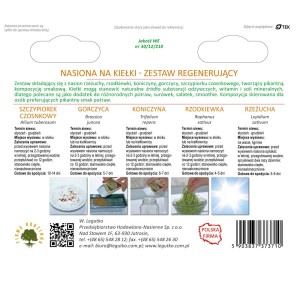 Mieszanka nasion na kiełki, idealna do sałatek i koktajli. Zawiera rzeżuchę, rzodkiewkę, koniczynę, gorczycę i szczypiorek czosnkowy.