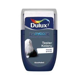 Tester farby Dulux w kolorze granatowym z próbką koloru "Morski Granat" do ścian.