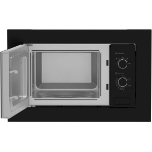 Czarna mikrofalówka do zabudowy z otwartymi drzwiami. Kategoria: Kuchenki mikrofalowe.