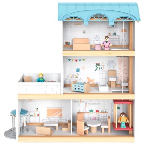 Trzypiętrowy drewniany domek dla lalek z meblami i figurkami dla dzieci.
