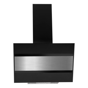 Czarny okap ścienny t.b.t. z srebrnym akcentem do kuchni.