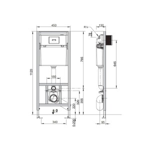 Rysunek techniczny zestawu WC z wymiarami. Szczegóły dotyczące instalacji i wymiarów.