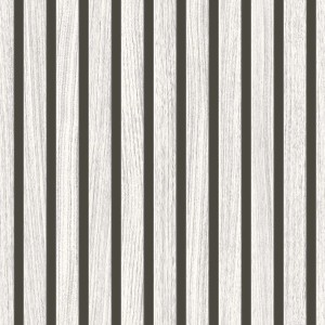 Tapeta dekoracyjna z efektem drewna i pionowymi paskami w kolorze białym i szarym.