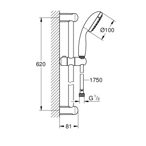 Rysunek techniczny: Zestaw prysznicowy Grohe QuickFix Vitalio Go 100 chrom z wymiarami.