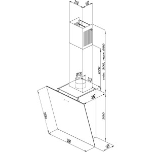 Rysunek techniczny okapu ściennego t.b.t. z wymiarami.
