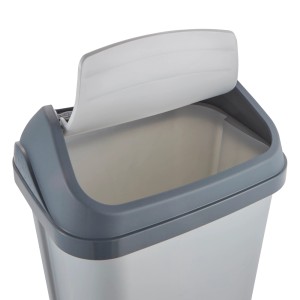 Srebrny kosz na śmieci Swing-Bin (25 l) z otwartą klapą.