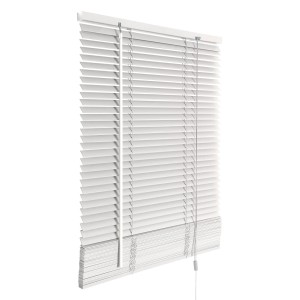 Biała żaluzja z lamelami i sznurkiem.