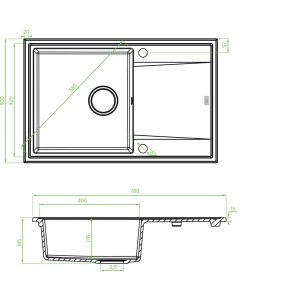 Rysunek techniczny zlewozmywaka granitowego t.b.t. z wymiarami.