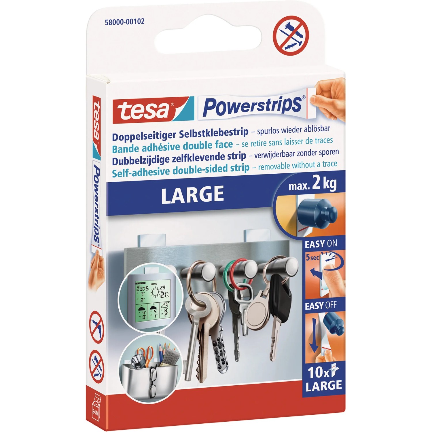 Tesa Powerstrips Large, 10 sztuk, mocny uchwyt bez wiercenia i usuwanie bez śladów.