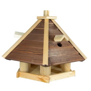 Drewniany karmnik dla ptaków z brązowym dachem do ogrodu.
