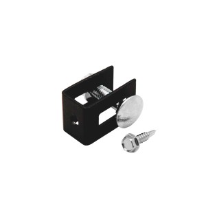 Akcesoria do ogrodzeń t.b.t.: Czarny uchwyt ze śrubą do montażu ogrodzenia.