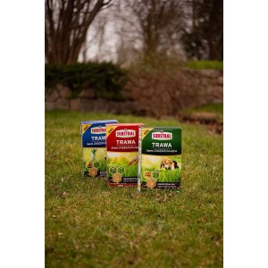 Trzy opakowania nasion trawy Substral na trawniku.